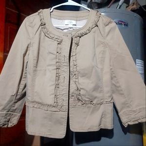 ANN TAYLOR LOFT WOMENS CROPPED JACKET RUFFLES BUTTON UP BIEGE JACKET